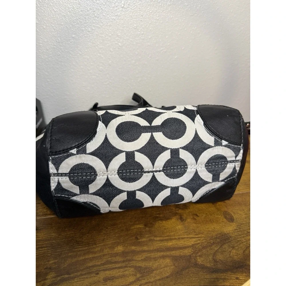 Coach Signature Op Art Draw String Sides Hobo Handbag Black‎ White 14573